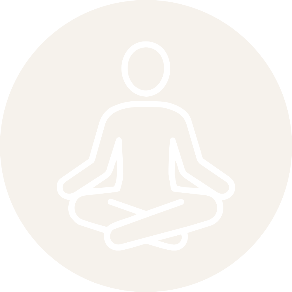 Outline of a person meditating in a seated cross-legged yoga pose with hands resting on knees in a tranquil, minimalistic style.