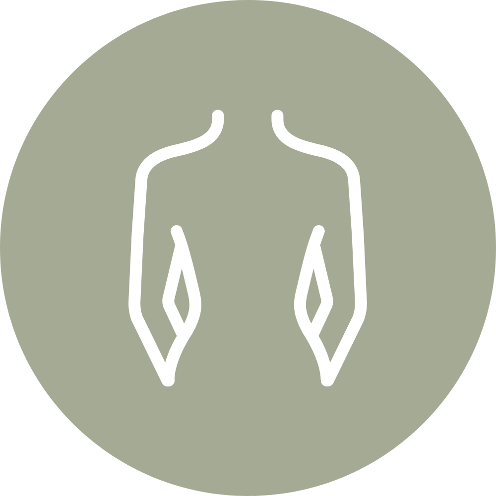 Minimalist icon of a human torso with foldable arms on the sides, in white on a gray circular background.