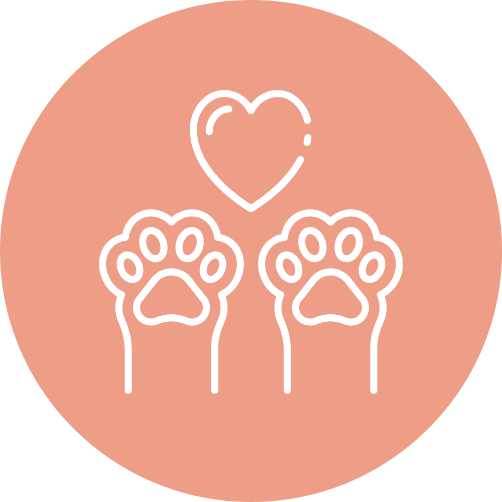 Line drawing of a heart above two paw prints on a pink circular background.