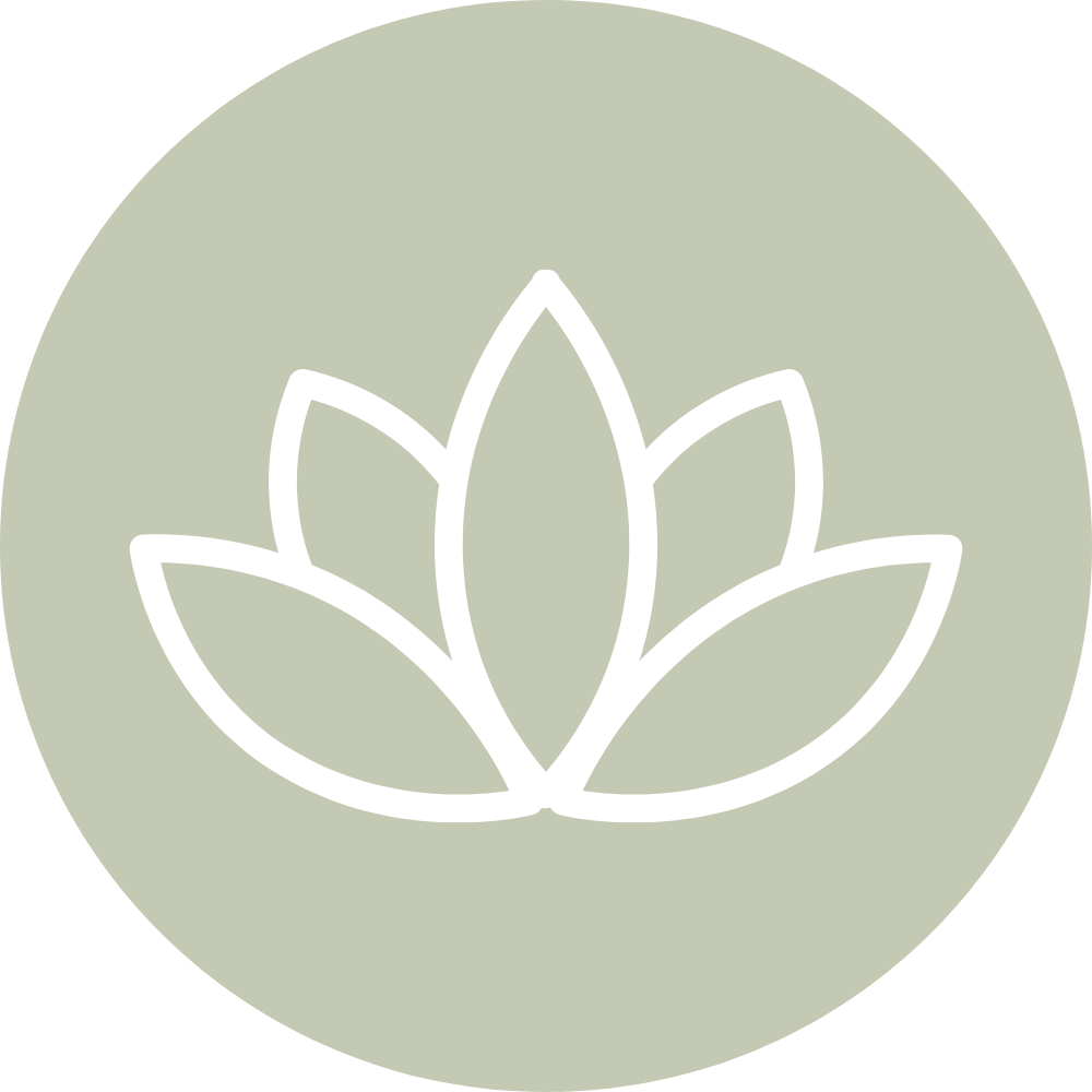 Minimalist line drawing of a lotus flower in white against a light green circular background.