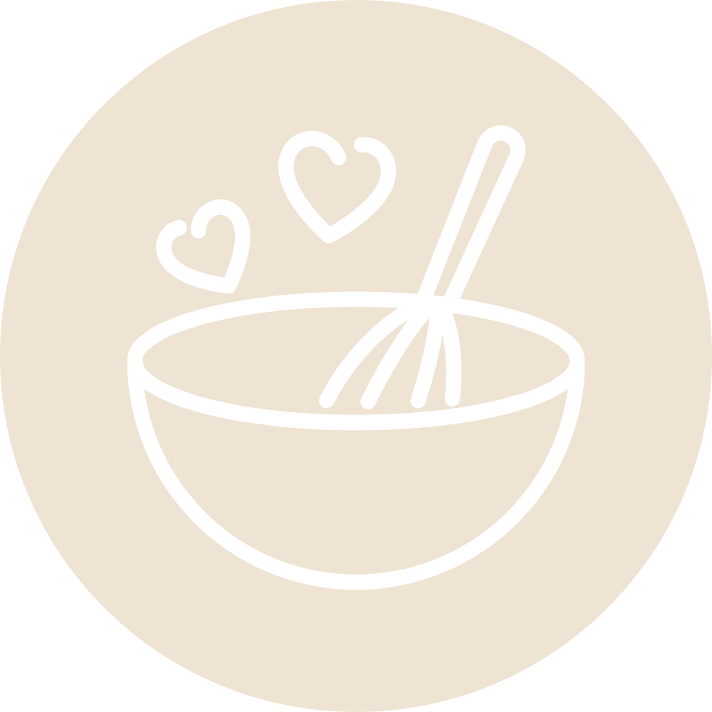 Line drawing of a bowl with a spoon and two hearts above it, on a beige circular background.
