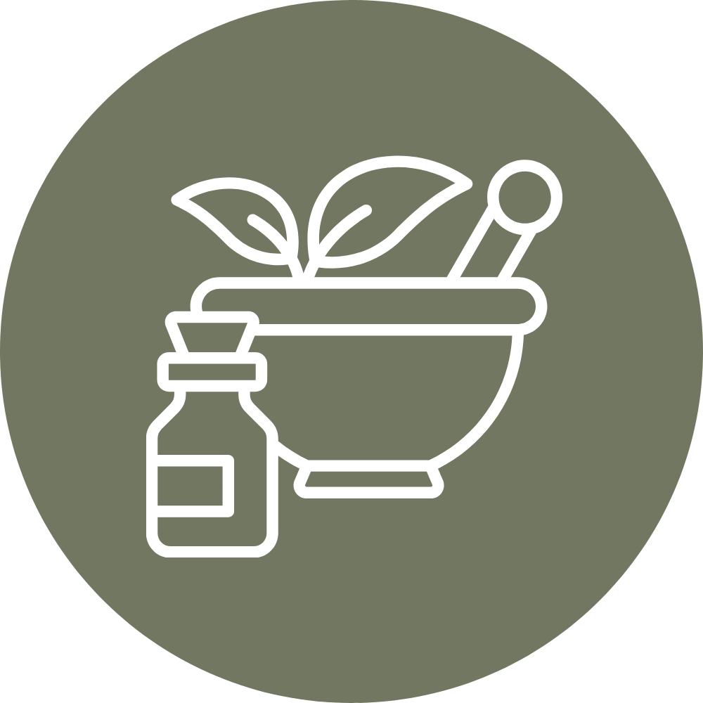 Outline illustration of a mortar and pestle with green leaves inside, accompanied by a small bottle, all enclosed within a dark green circular background.