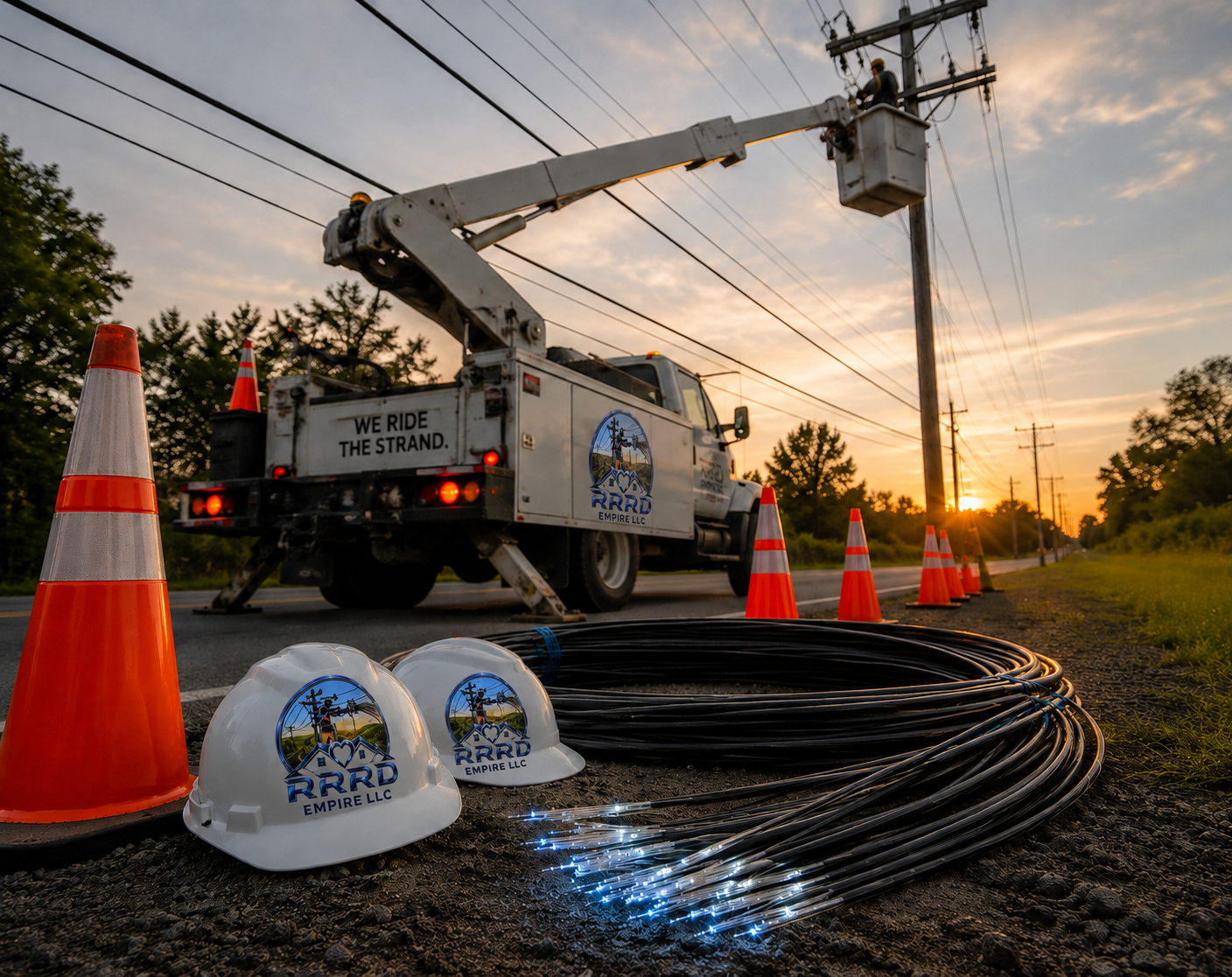 Fiber optic construction crew performing aerial utility pole work with bucket truck, fiber cable, and broadband infrastructure equipment at sunset