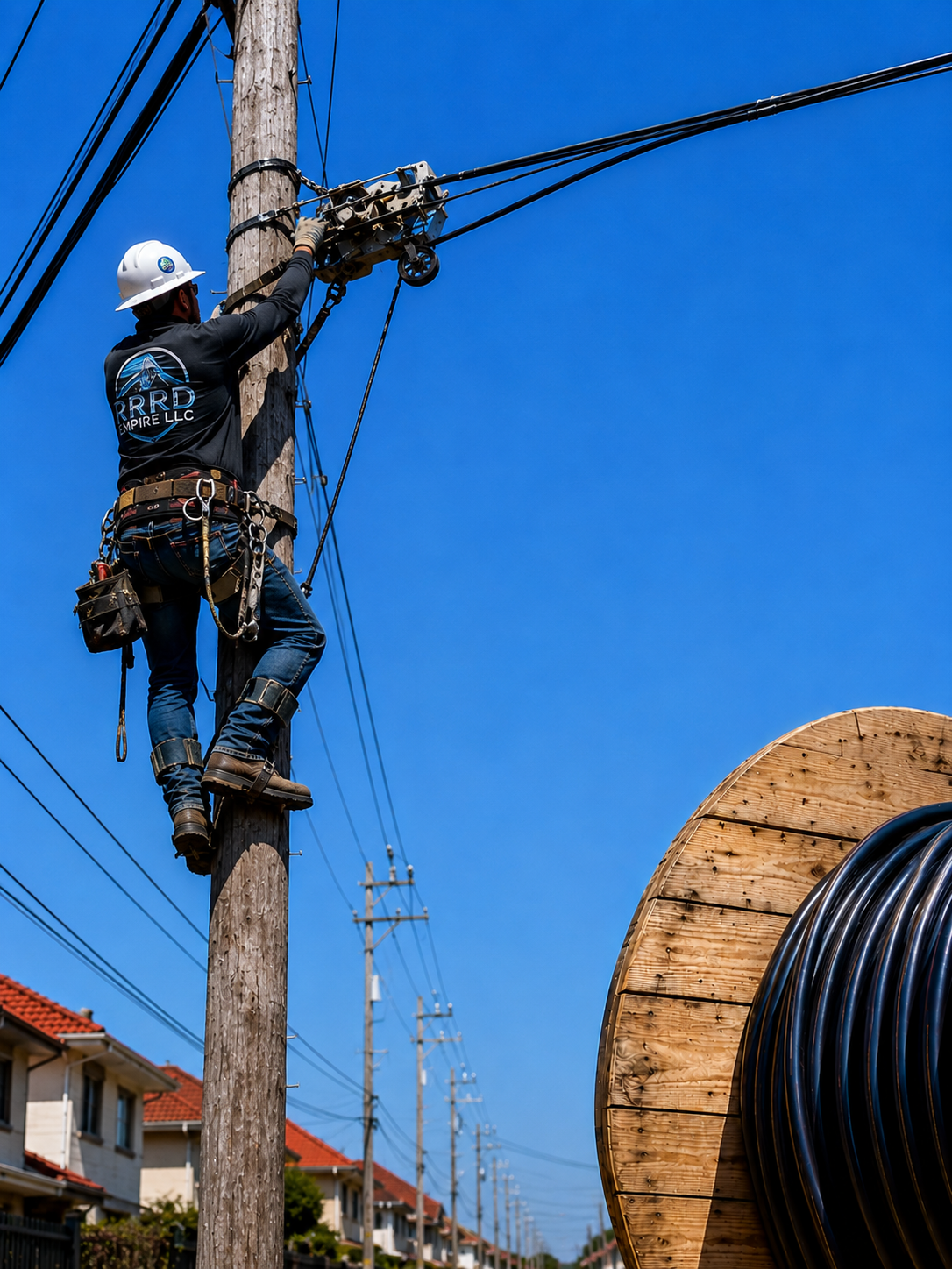 RRRD Empire lineman climbing a utility pole performing aerial fiber optic over-lash installation next to fiber cable spool.