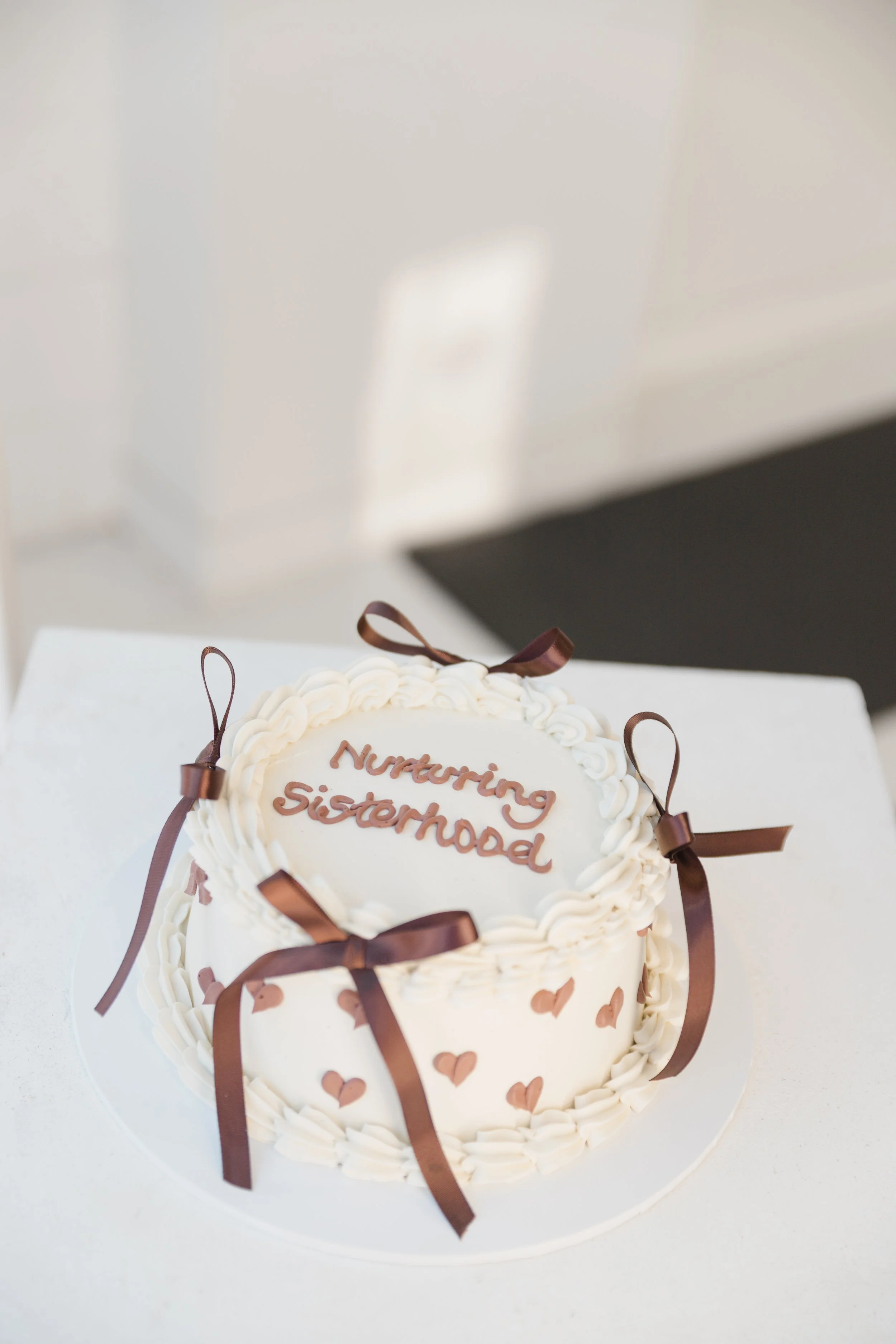 A decorated cake with white cream, chocolate ribbons, and a message that reads "Nurturing Sisterhood."
