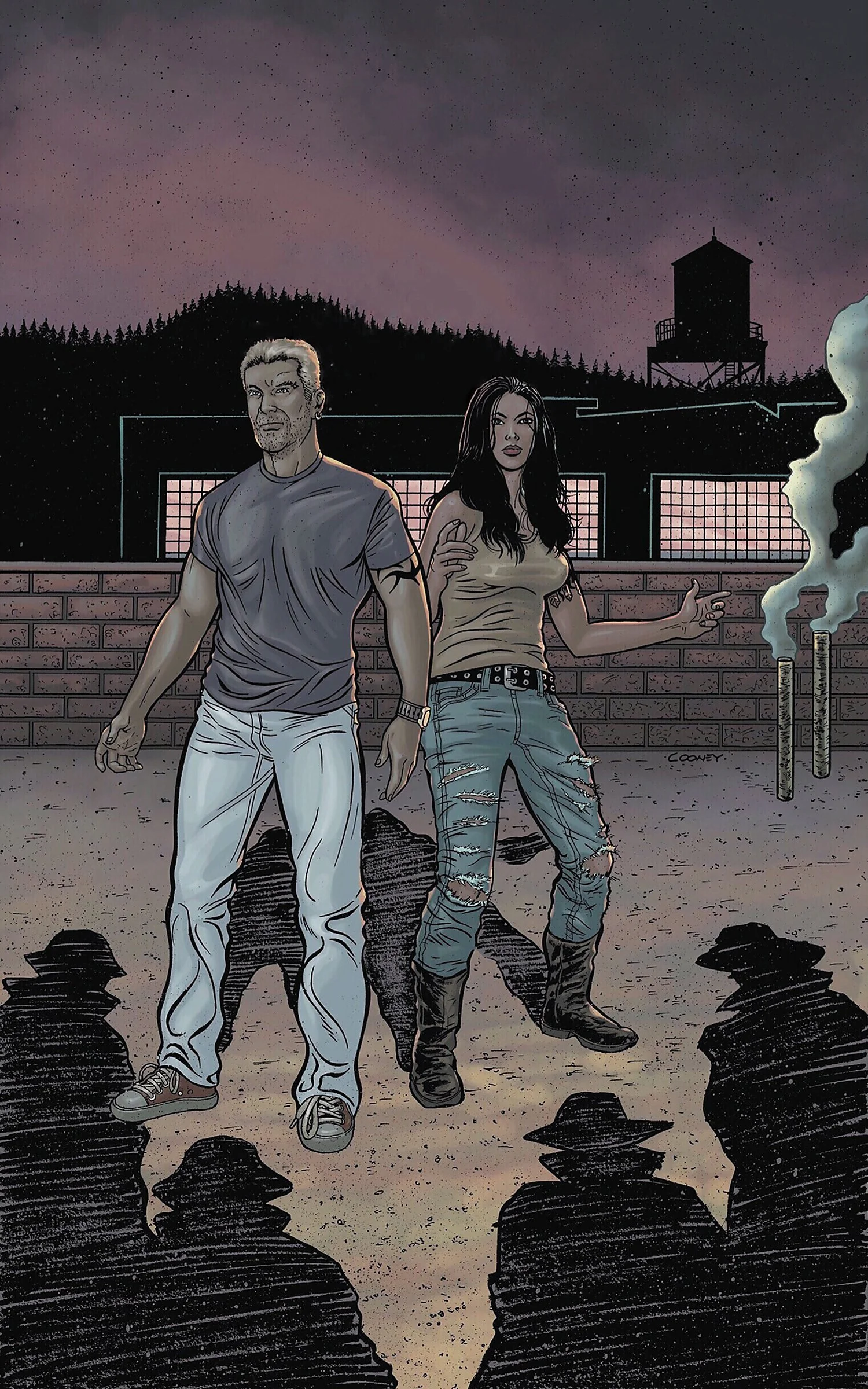 A pair of grungy private eyes in thrashed clothes with piercings and tats on a rooftop surrounded by shadows
