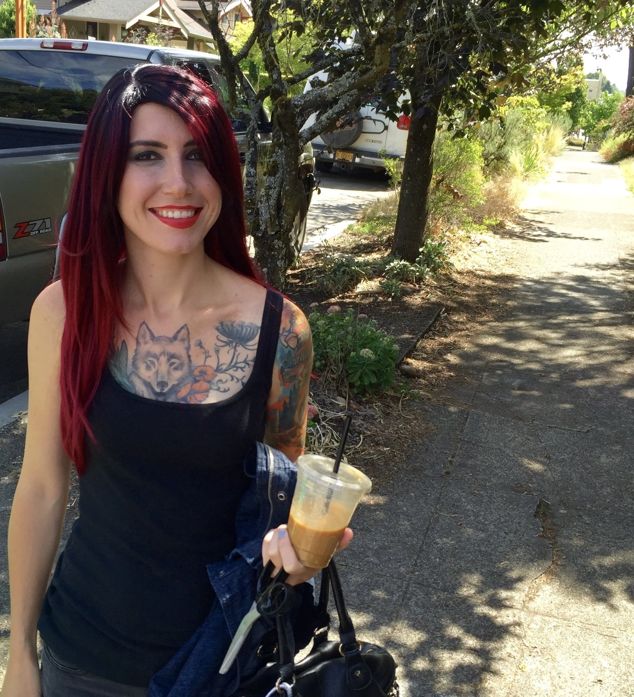 Model fueling up with iced coffee