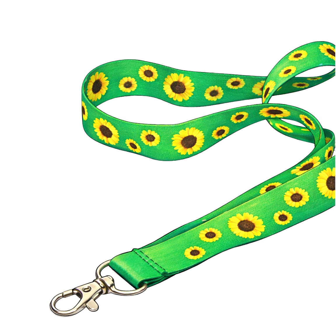 Green lanyard with sunflower pattern and metal clip at the end.