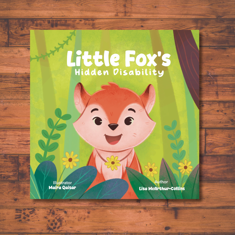 A children's book titled "Little Fox's Hidden Disability" with an illustrated cute fox in a forest setting, surrounded by green plants and yellow flowers.