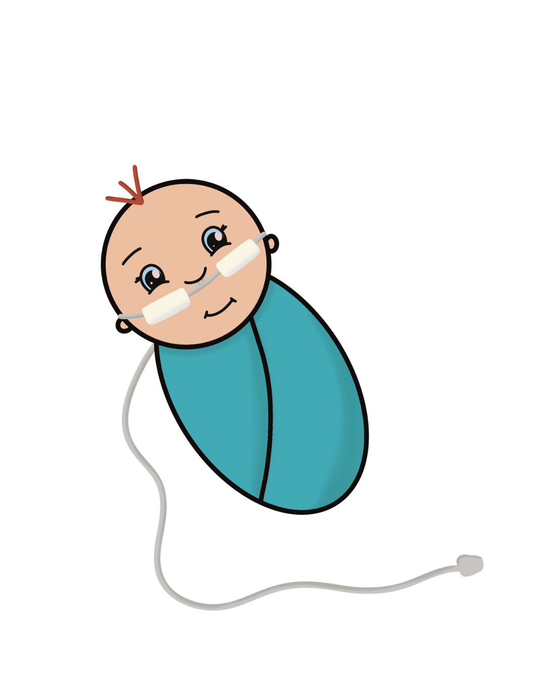 Cartoon of a baby with a nasal cannula, wrapped in a blue blanket, smiling, with a small tuft of hair on the head, against a white background.