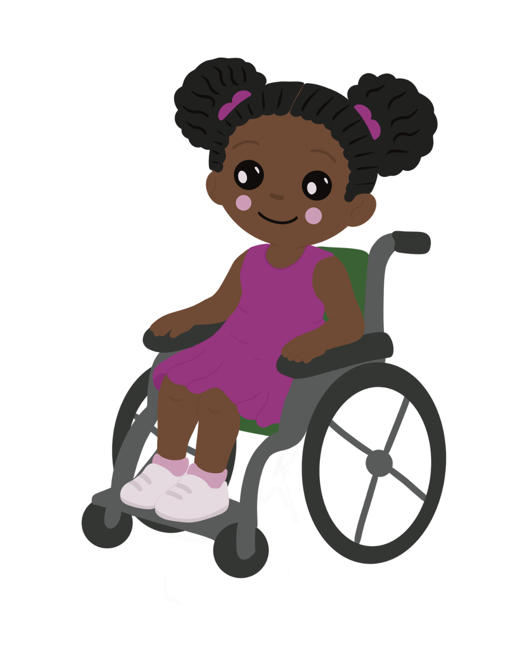 Cartoon girl with dark skin, black hair styled in two buns with purple hair ties, sitting in a wheelchair wearing a purple dress and white shoes.