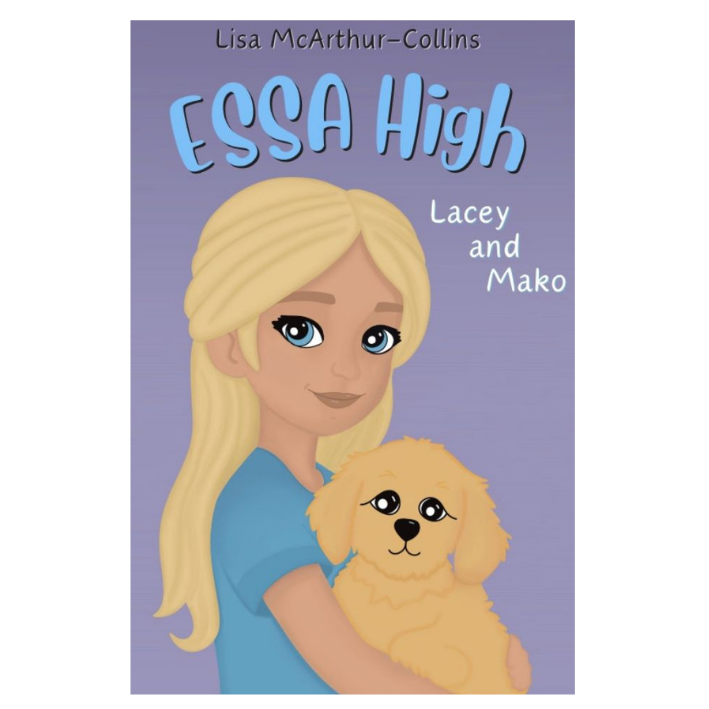 Book cover for 'ESSA High' by Lisa McArthur-Collins, featuring a young girl with long blonde hair and blue eyes holding a golden retriever puppy, both with cartoon-style features set against a purple background.