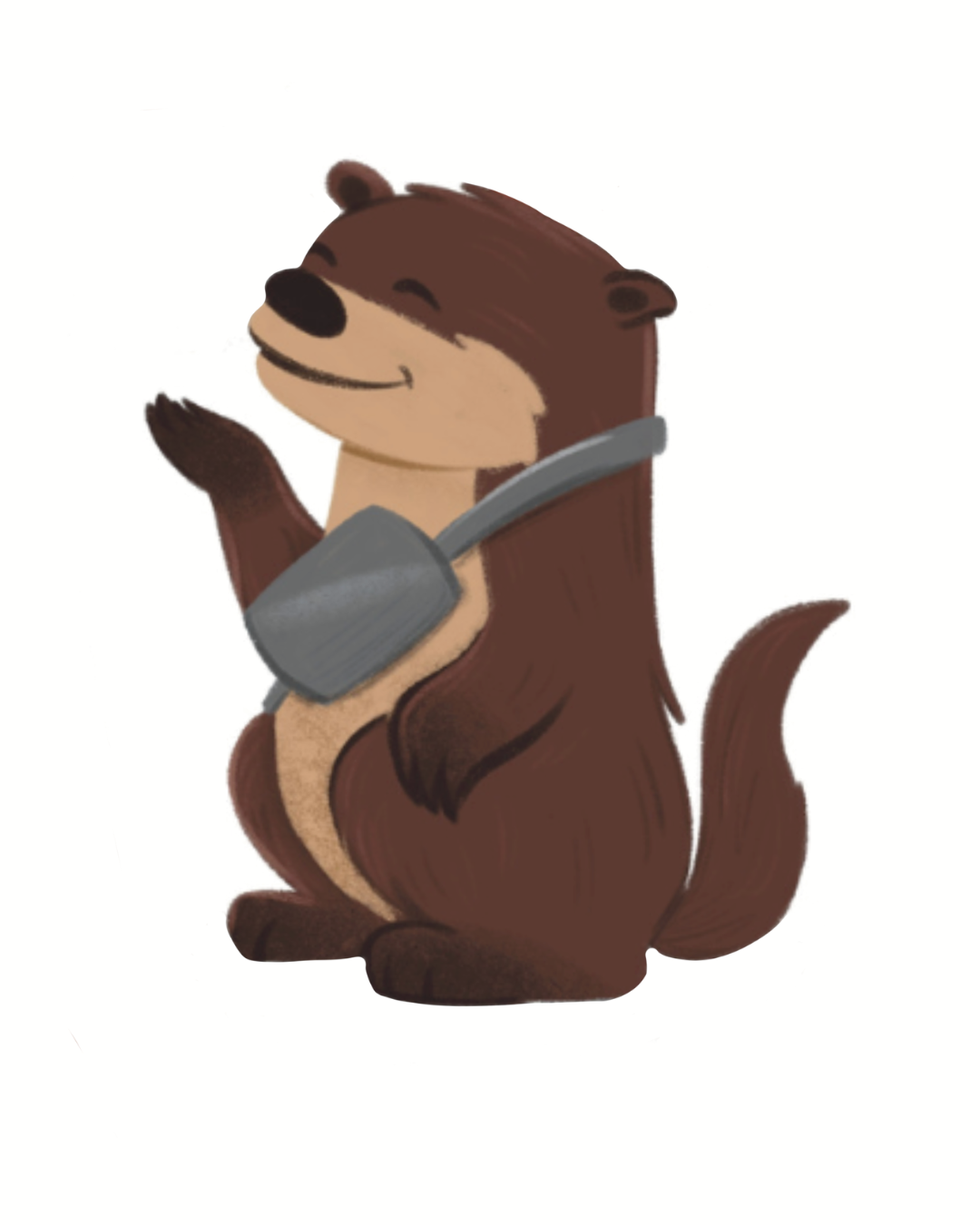 Cartoon beaver with a grey shovel, smiling with eyes closed