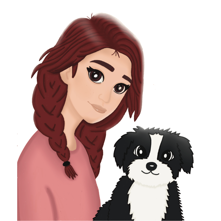 Drawn image of a girl with long, braided red hair and a black and white puppy sitting beside her.