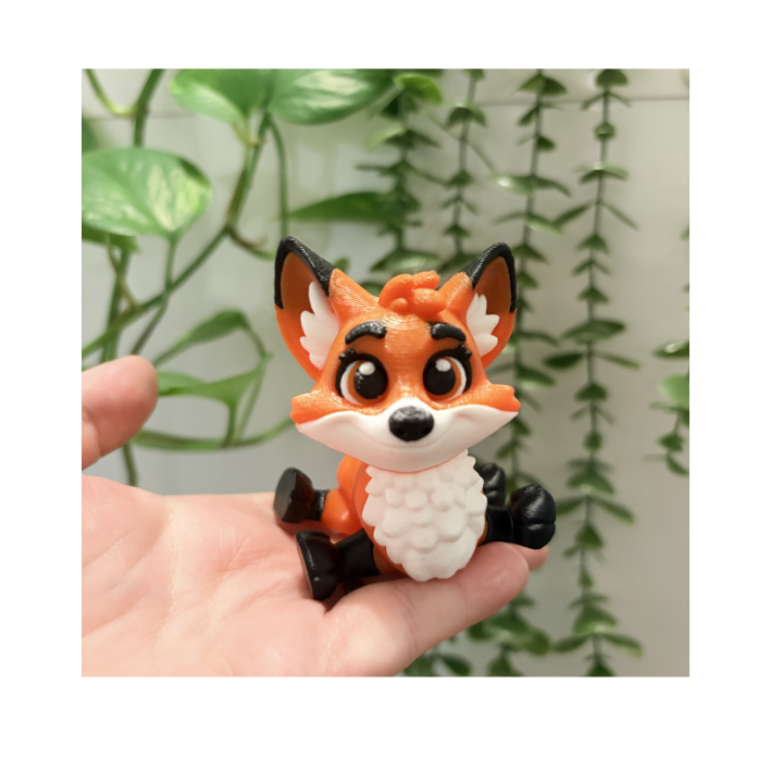 A small, orange and white toy fox with large eyes, black ears, and a fluffy white chest, held in a person's hand with green leafy plants in the background.