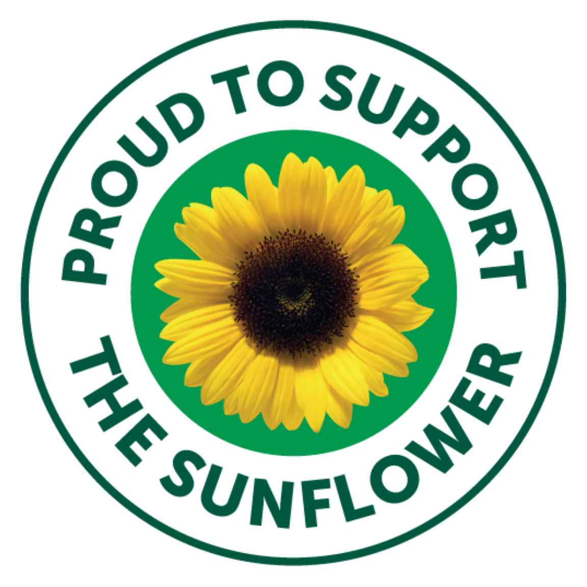 A circular badge with a sunflower in the center and text around it that reads, "Proud to Support the Sunflower."
