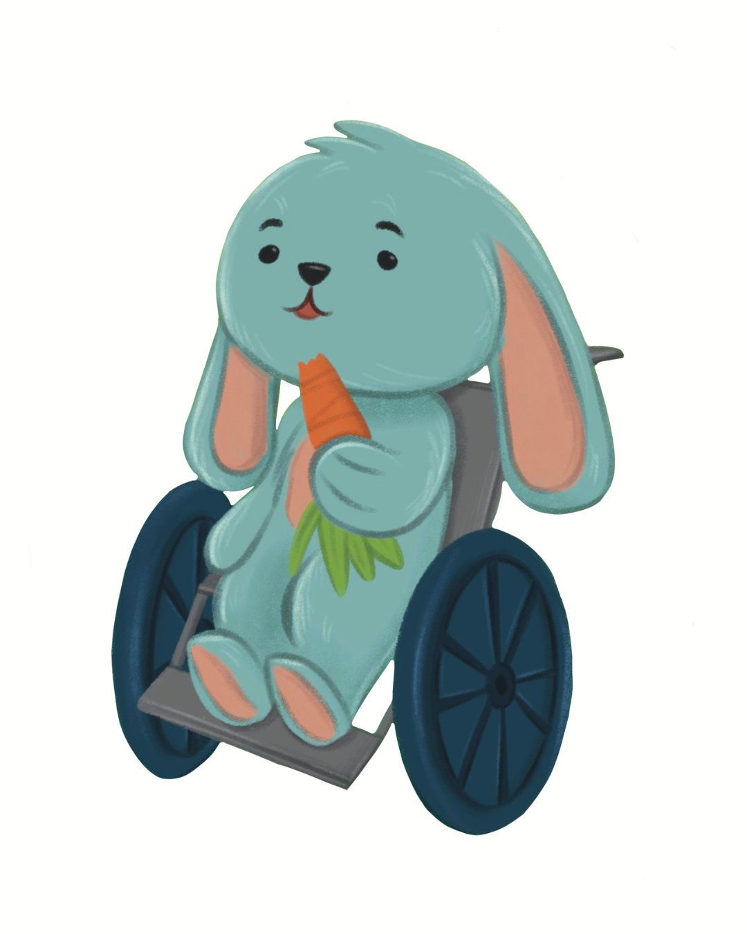 A cartoon illustration of a cute, blue rabbit with long ears sitting in a wheelchair, holding an orange carrot with green leaves.