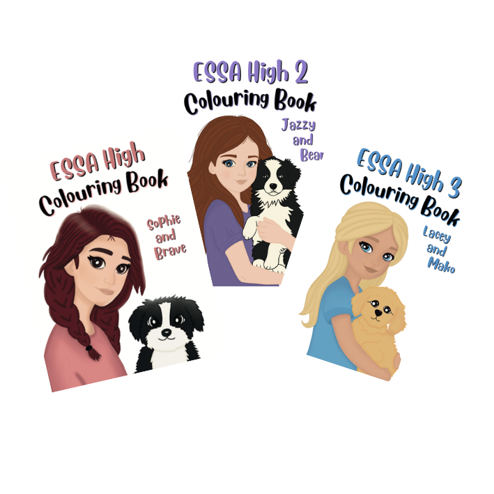 Three coloring books titled 'ESSA High' with different numbers and texts, each featuring a girl and a dog, displayed around a purple table.