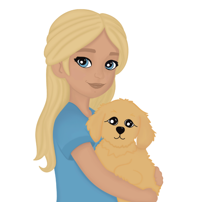 A cartoon girl with long blonde hair, blue eyes, wearing a blue shirt, holding a small fluffy golden puppy.