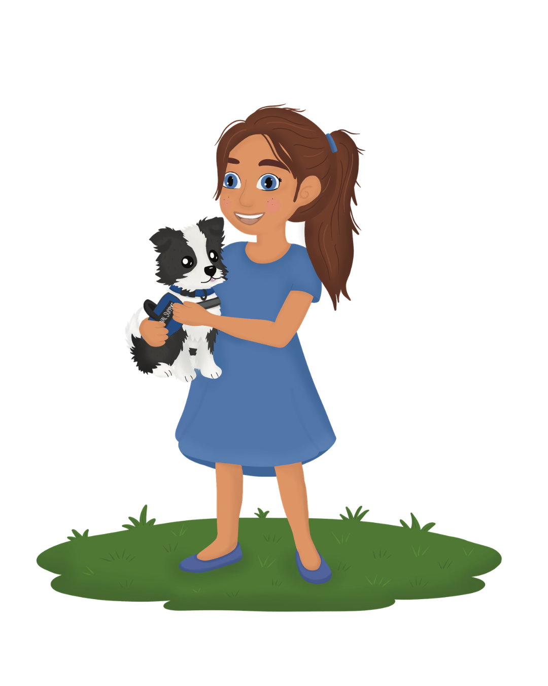 A girl with brown hair in a ponytail, wearing a blue dress and matching shoes, stands on grass holding a black and white puppy.