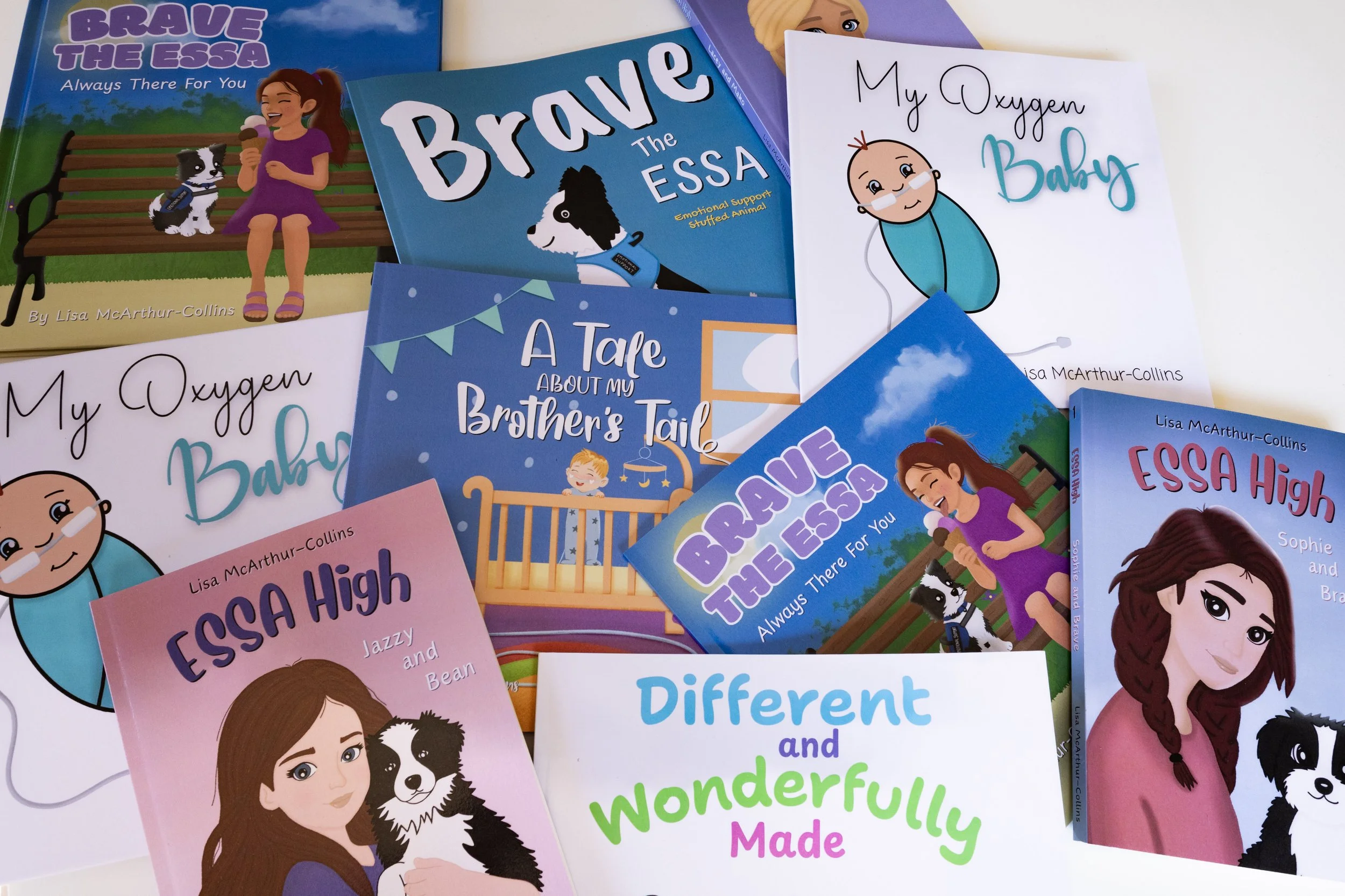 A collection of children's books about health, animals, and family relationships, featuring colorful cartoon illustrations of girls, a dog, and a baby.
