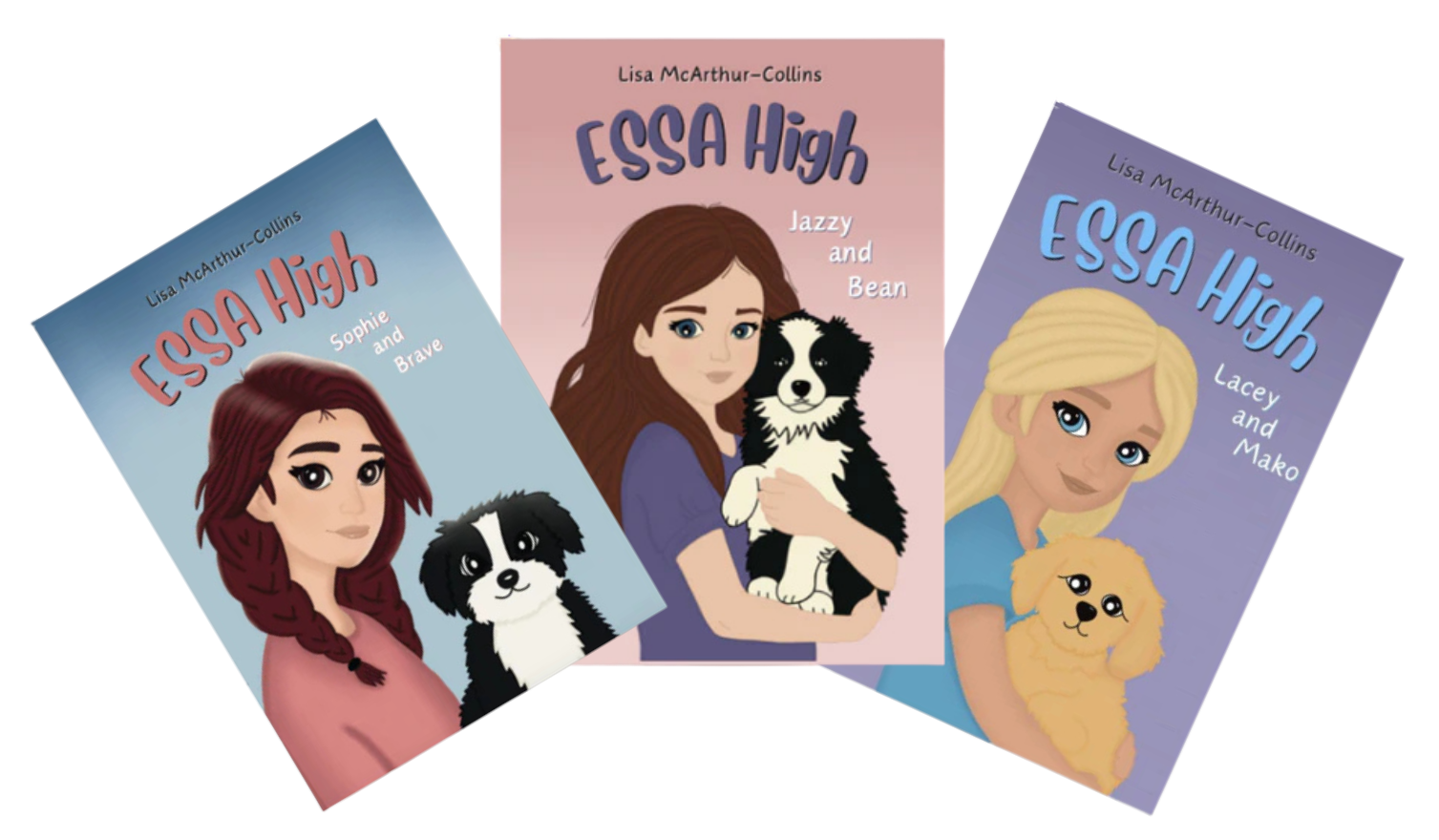 Three book covers from the 'Essa High' series by Lisa McArthur-Collins, featuring cartoon girls and their dogs.