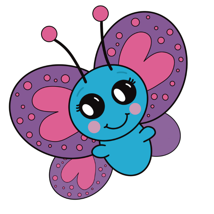 Cartoon illustration of a cute blue butterfly with pink and purple wings, large expressive eyes, and a smiling face.