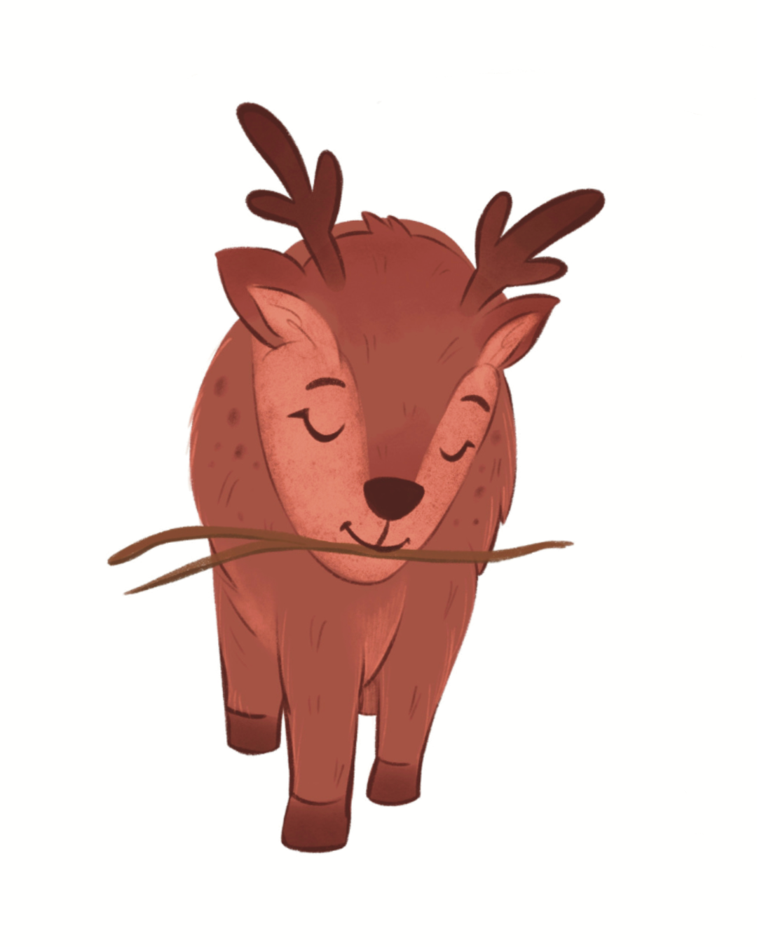 Cute illustrated reindeer with closed eyes, smiling, holding a stick in its mouth, with antlers and a reddish-brown mane.