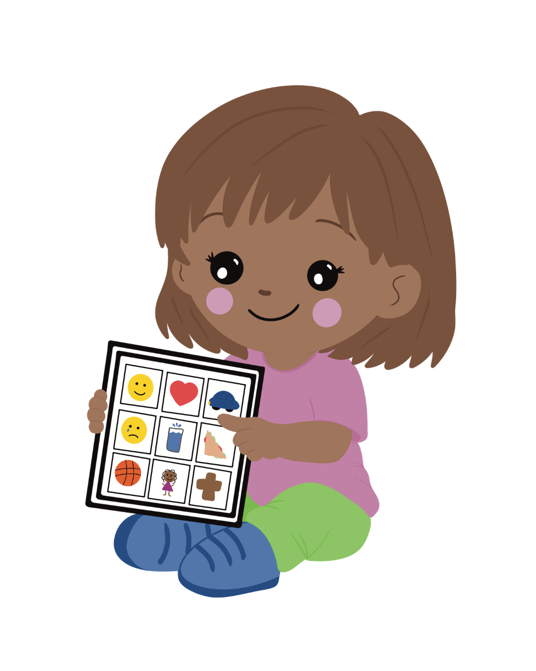 A cartoon girl sitting cross-legged, holding a chart with various emotion and activity icons, pointing at the icon of a blue car.