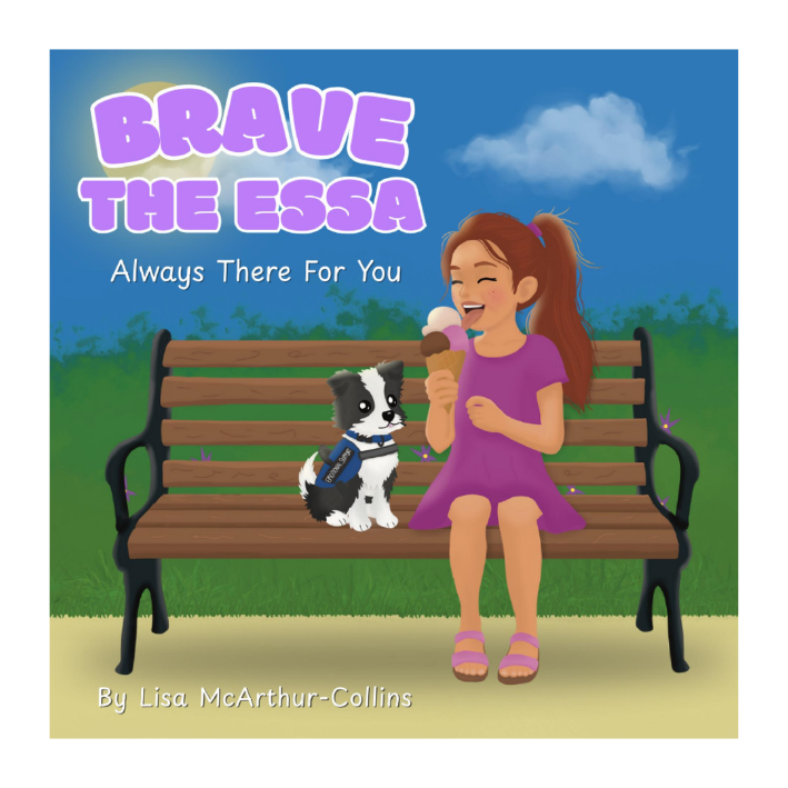 Book cover titled "Brave the ESSA" with the subtitle "Always There For You". The illustration shows a girl in a purple dress and pink sandals sitting on a park bench, holding an ice cream cone. A small black and white dog with a blue harness sits beside her on the bench. Background includes a grassy area, some bushes, a blue sky with a cloud, and a few purple flowers.