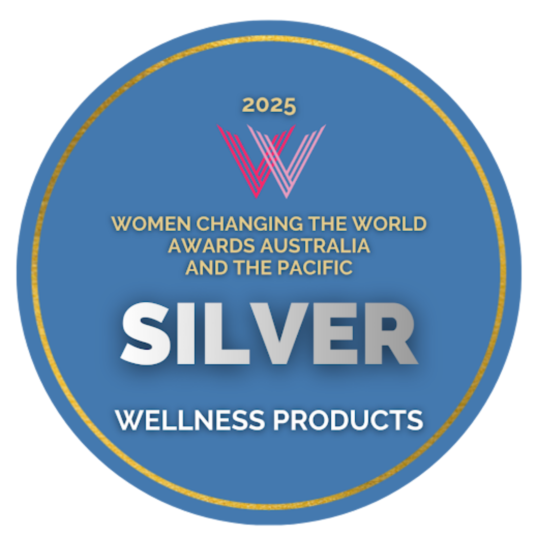 Award badge for Women Changing the World Awards Australia and the Pacific, silver level, for wellness products in 2025.
