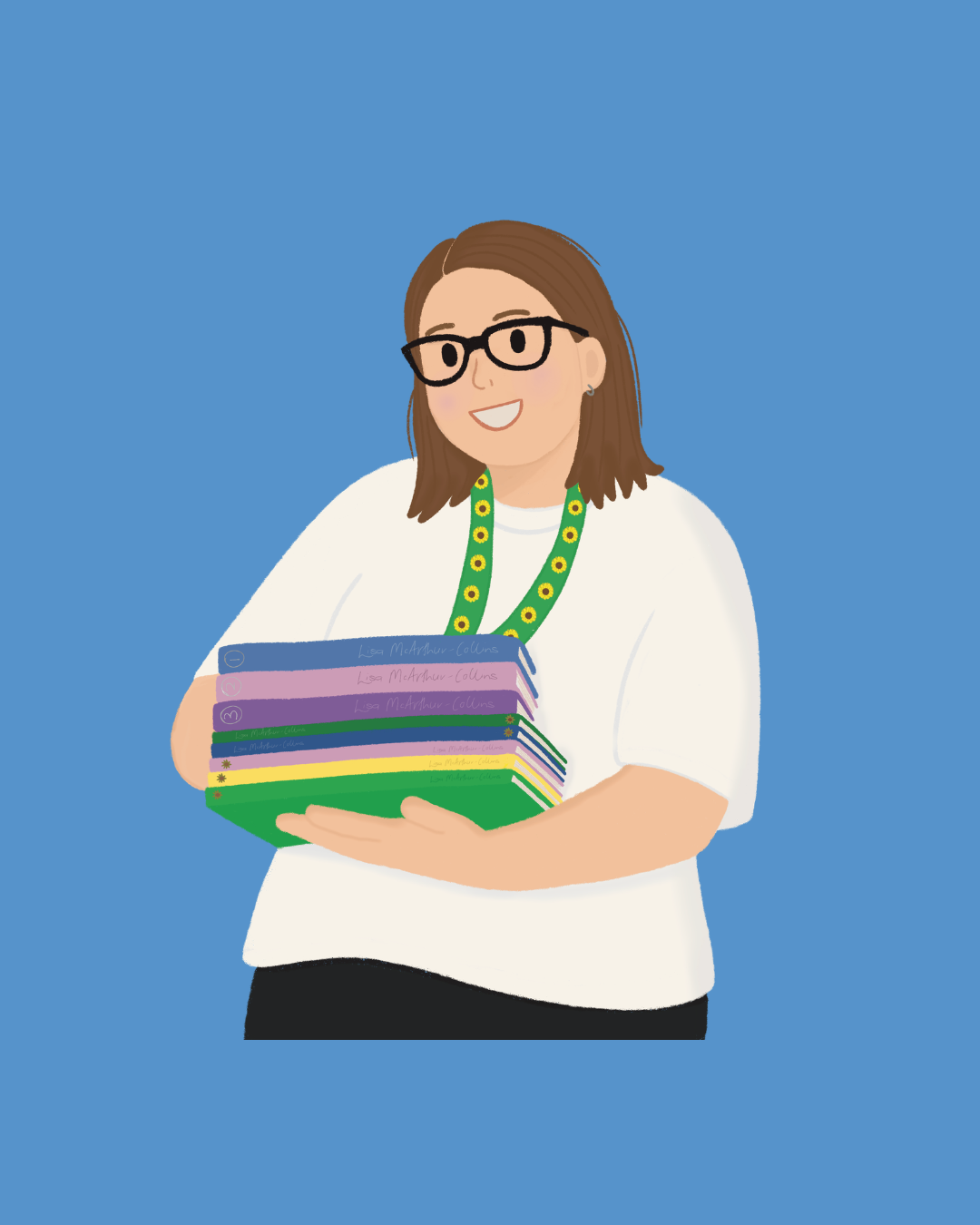 Illustration of a woman with shoulder-length brown hair, black glasses, and earrings, holding a stack of colorful books with green, purple, pink, and blue covers, wearing a white top and a yellow and green lanyard, against a blue background.