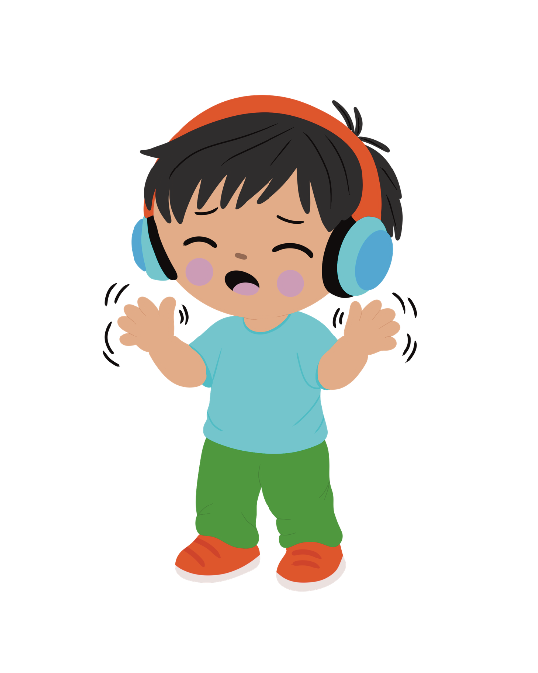 Cartoon of a young boy with black hair, wearing headphones, a light blue shirt, green pants, and orange shoes, appearing to be singing or shouting.