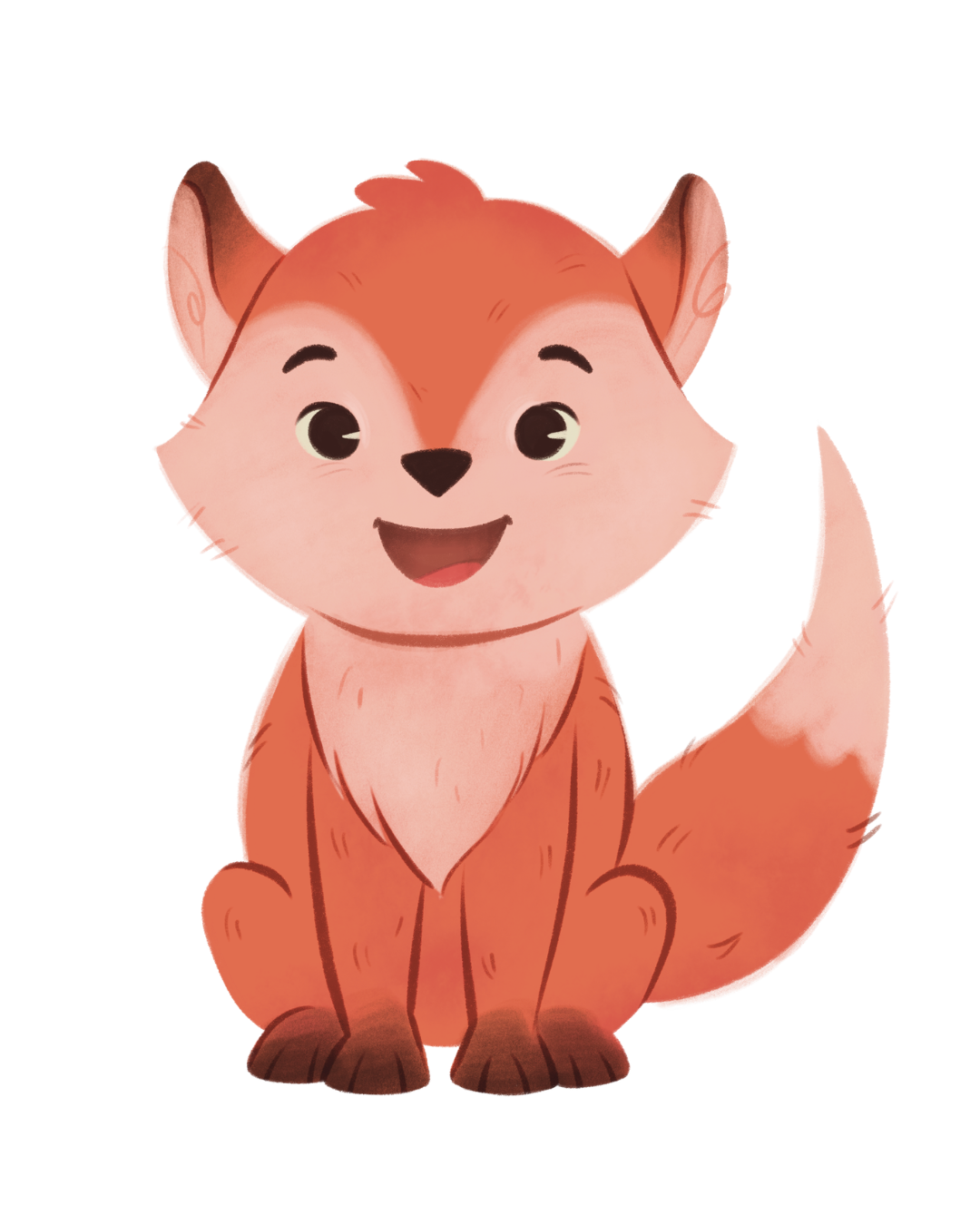 A cute cartoon fox sitting and smiling with a bright expression and fluffy tail.