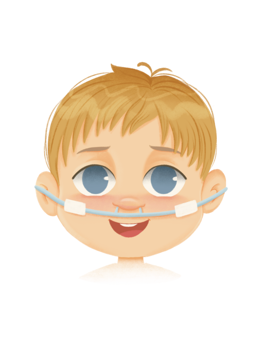 Cartoon of a smiling young boy with big blue eyes, light brown hair, and a nasal oxygen tube.