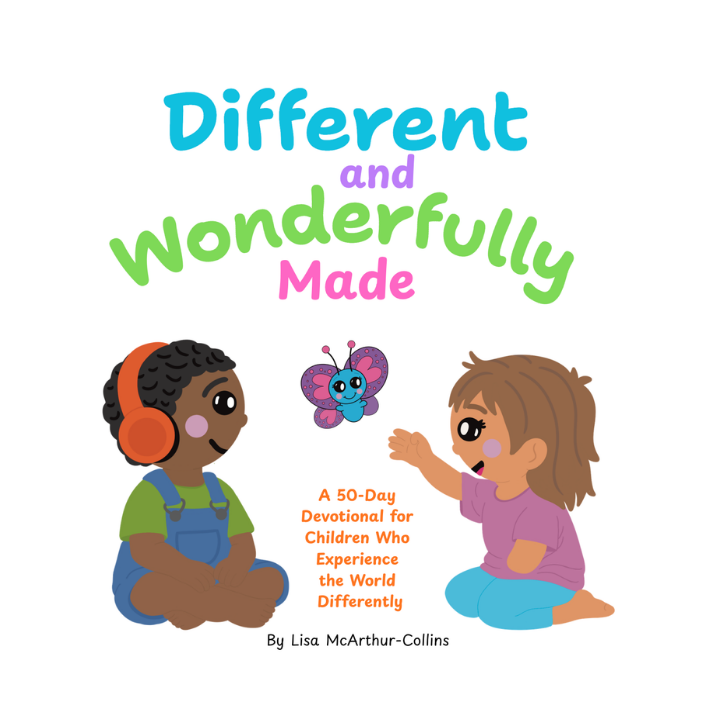 Cover of a children's book titled 'Different and Wonderfully Made' featuring two diverse children, one with headphones and the other reaching out, with a colorful butterfly between them.