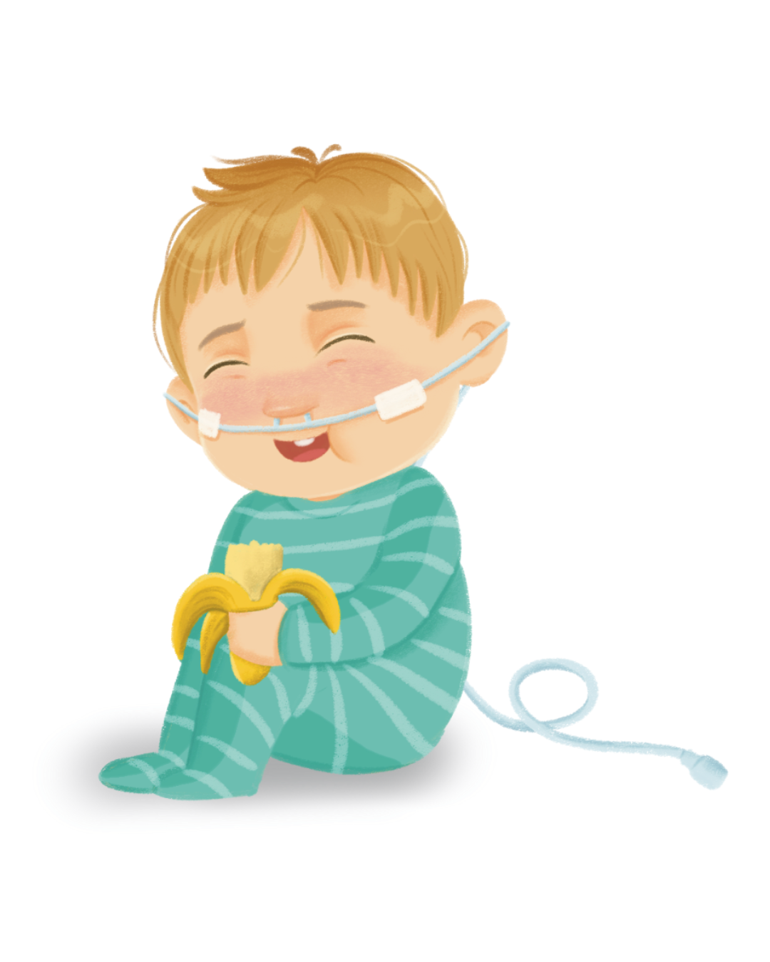 A happy young boy with a nasal oxygen tube holding a banana, wearing green striped pajamas, sitting on the floor, with a white background.