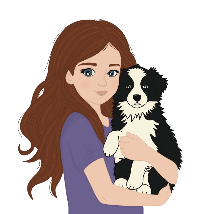 A girl with long, wavy red hair holding a black and white border collie puppy.