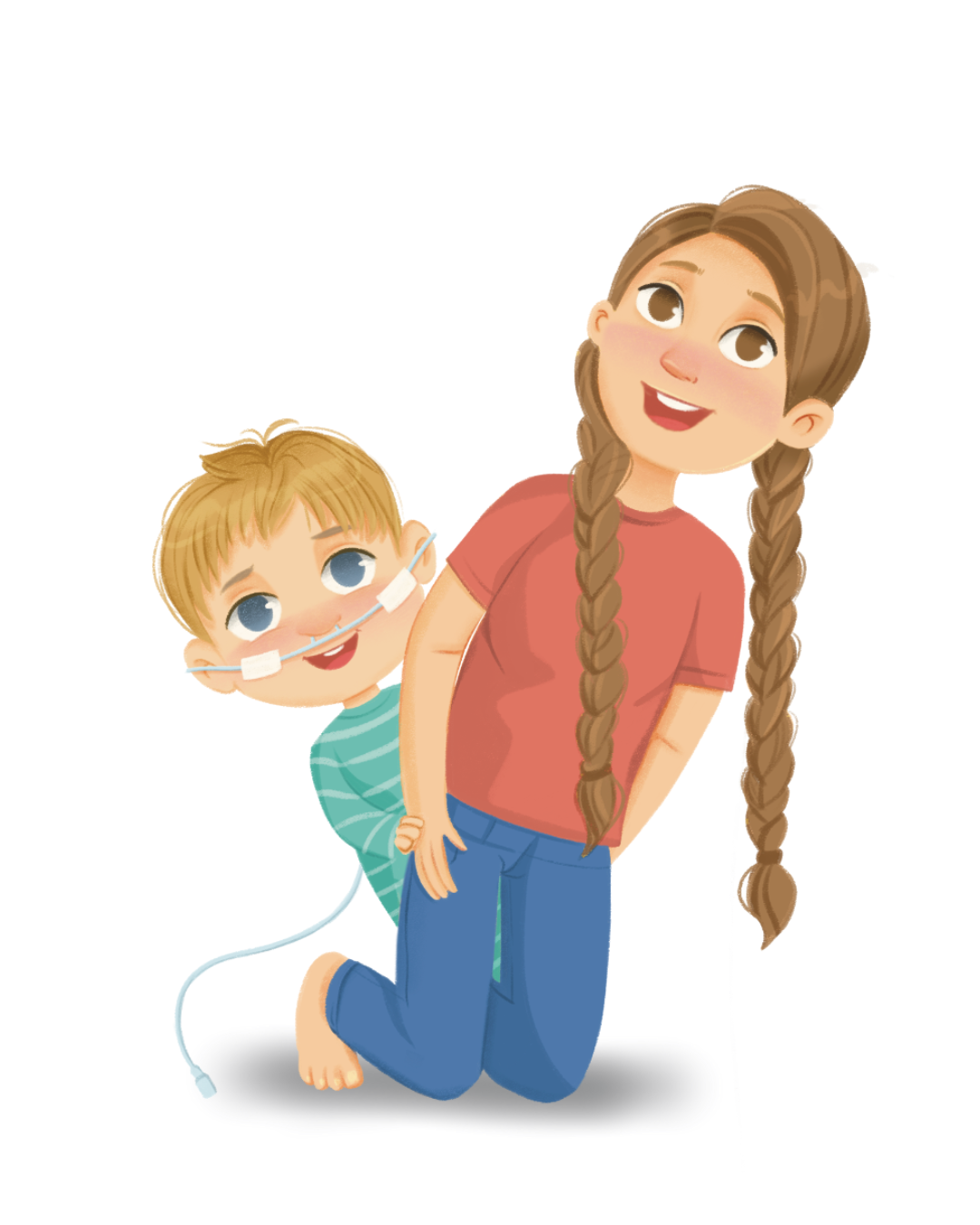 A girl with long braided hair kneeling with a boy with a nasal oxygen tube, both smiling, with the boy hugging the girl's knees from behind.