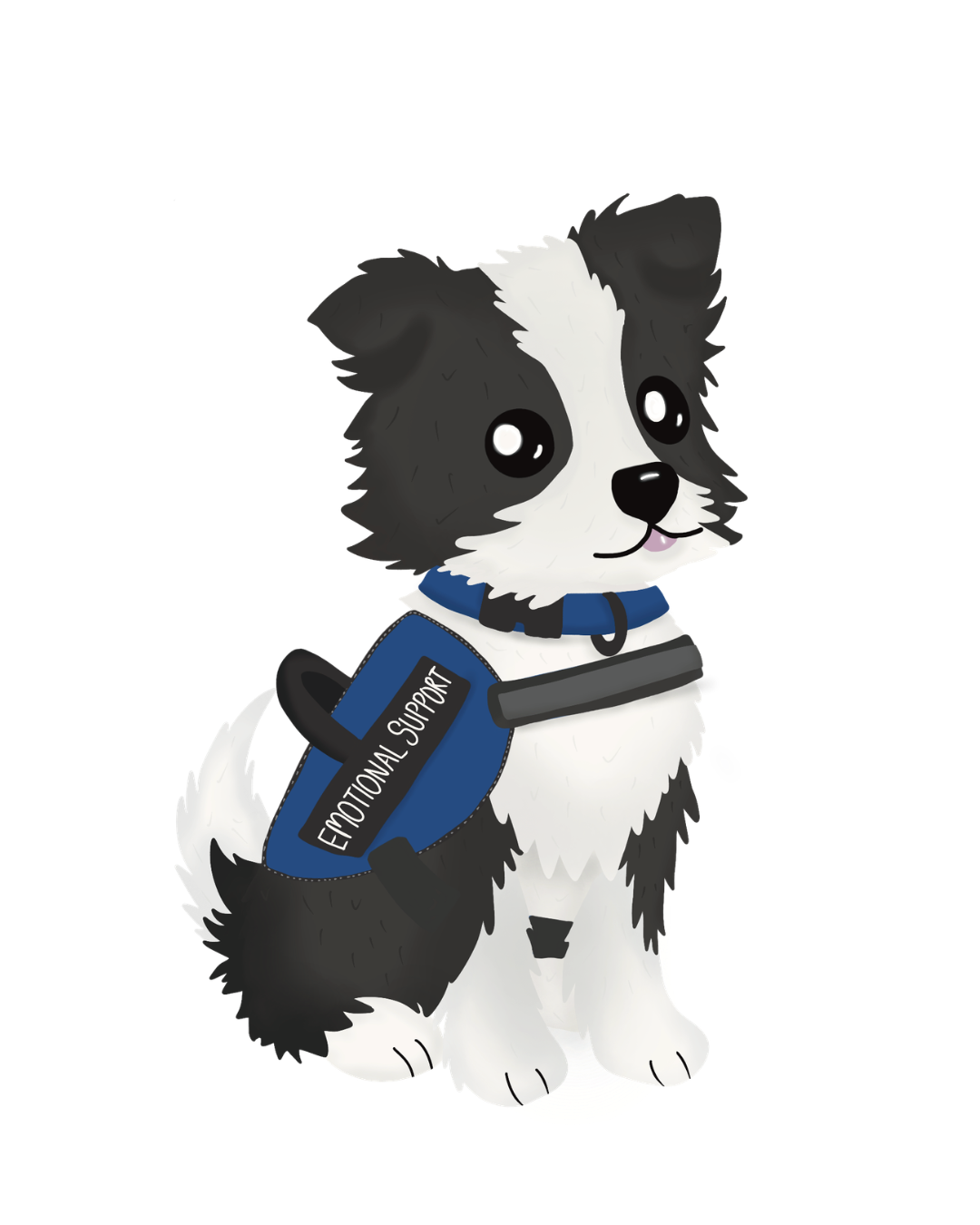 Cartoon dog with a support harness labeled 'Emotional Support'