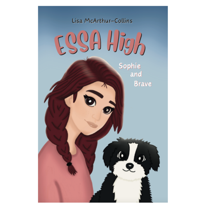 Book cover titled 'ESSA High' by Lisa McArthur-Collins, featuring an illustrated girl with red hair in braids and big eyes, wearing a pink shirt, and a black and white dog, with a blue background.