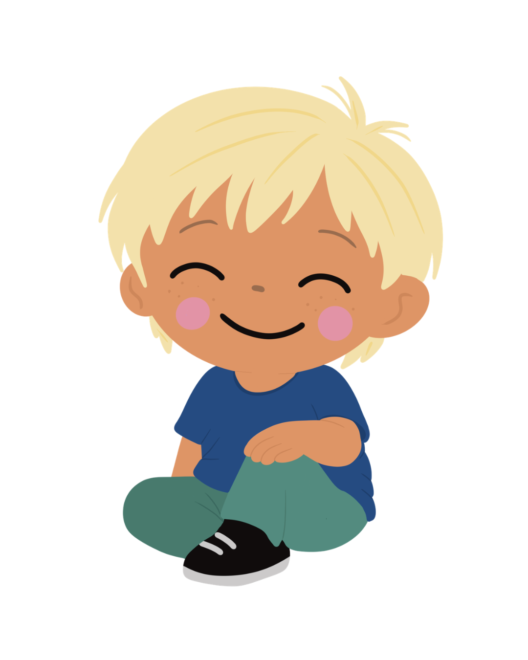 Illustration of a smiling child with blonde hair, wearing a blue shirt, green pants, and black shoes, sitting cross-legged.