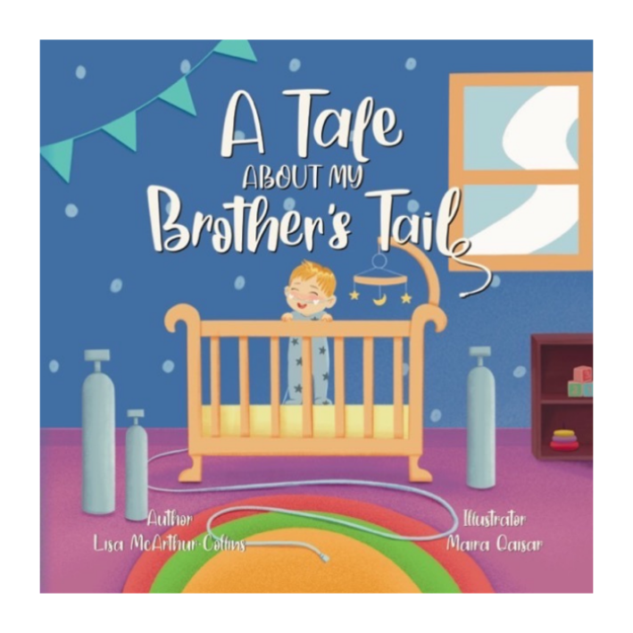 Children's book cover titled 'A Tale About My Brother's Tail' with a cartoon baby standing in a crib in a warmly colored nursery, featuring a window, balloons, a rainbow rug, and a mobile, with author Lisa McArthur-Smith and illustrator Maira Cansar.