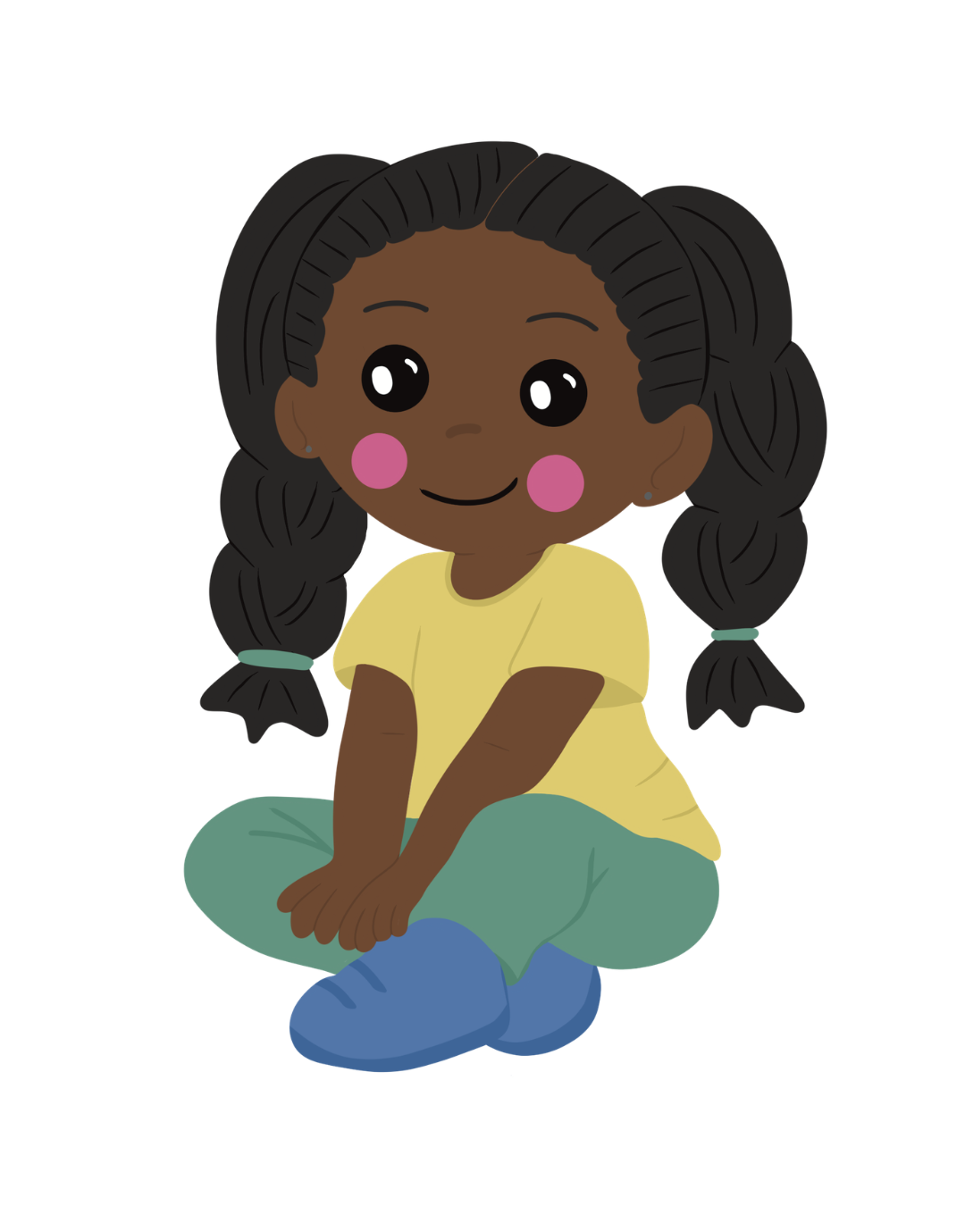Cartoon of a happy young girl with dark brown skin, long black braided hair, pink cheeks, wearing a yellow shirt, green pants, and blue shoes, sitting cross-legged.