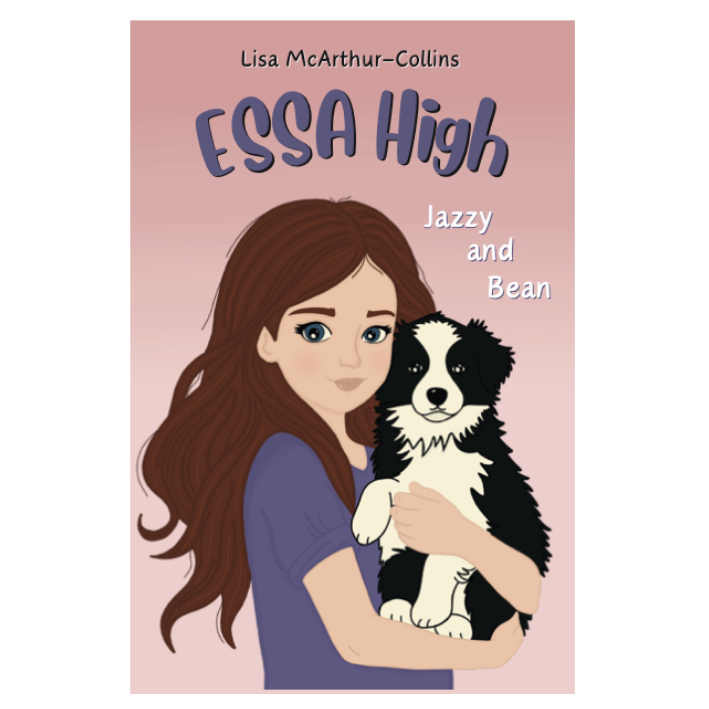 Illustration of a girl with long brown hair holding a black and white dog, set against a pink background. The text reads 'Lisa McArthur-Collins ESSA High Jazzy and Bean.'