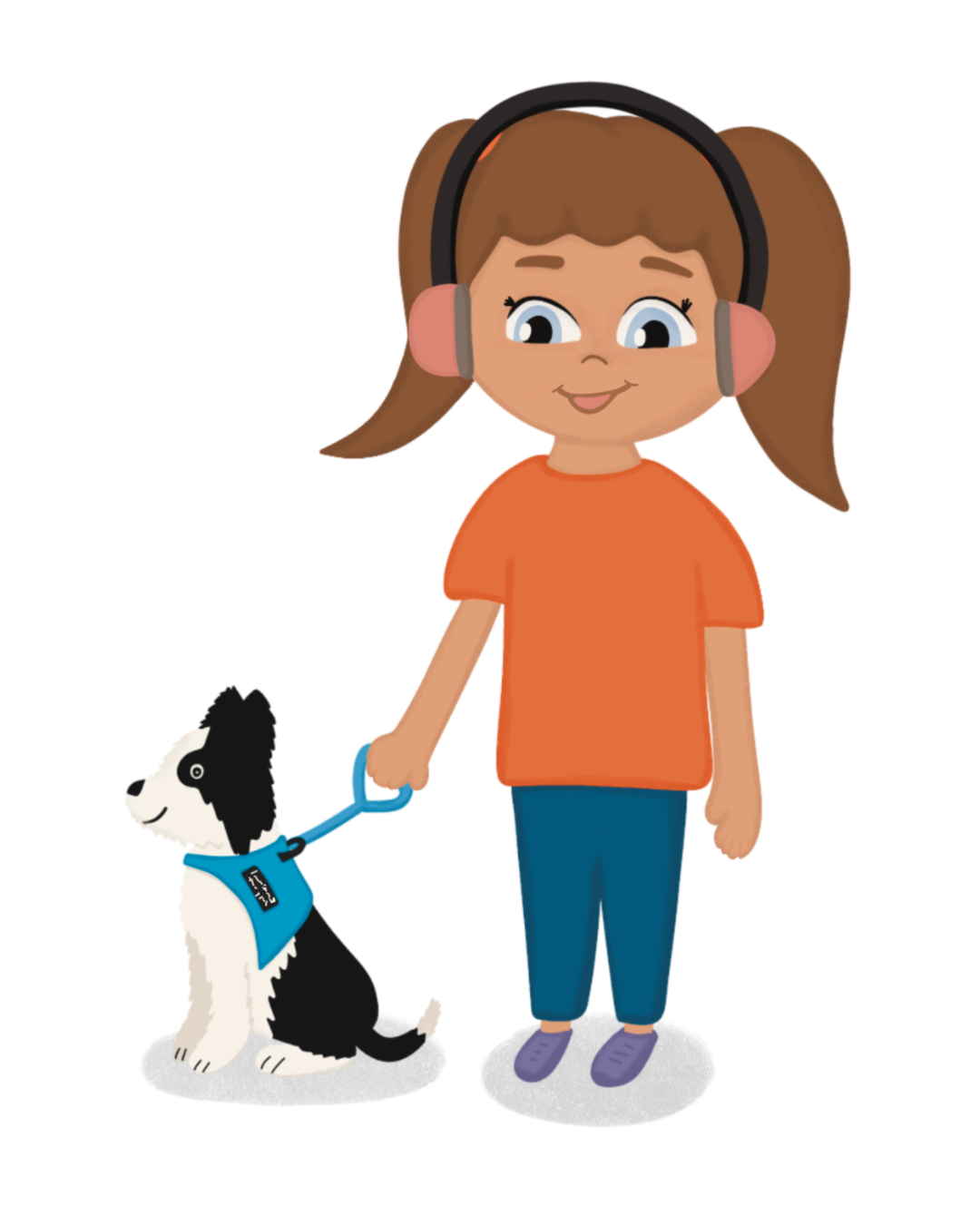Cartoon girl with brown hair in pigtails, wearing an orange shirt, blue pants, and purple shoes, holding the leash of a black and white dog with a blue vest.
