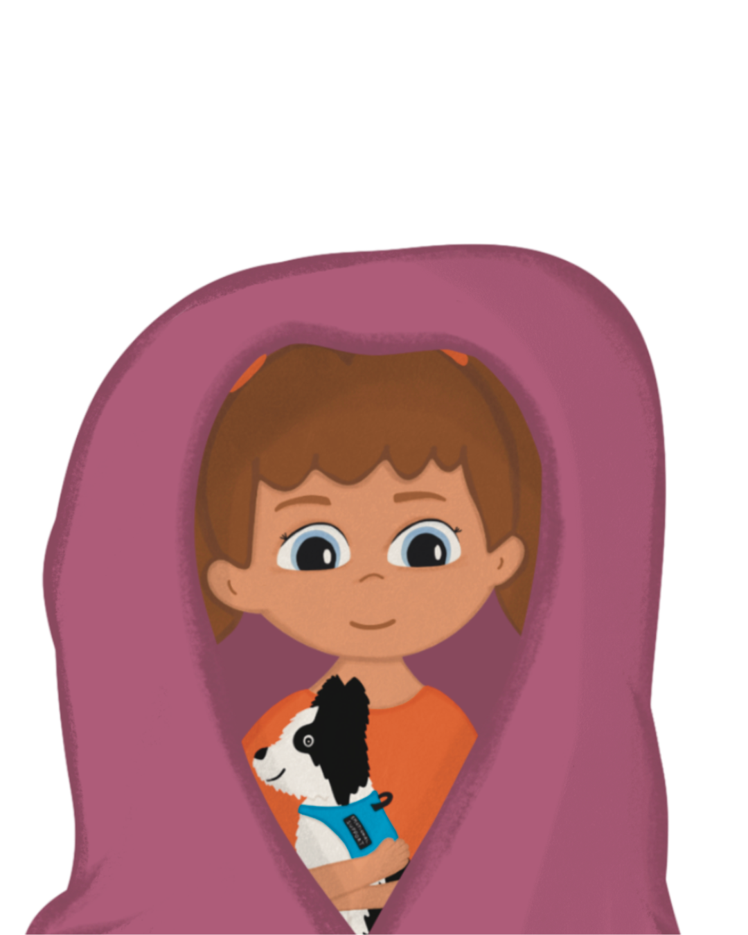 Cartoon girl with brown hair and blue eyes sitting in a pink stroller, holding a black and white puppy wearing a blue harness.