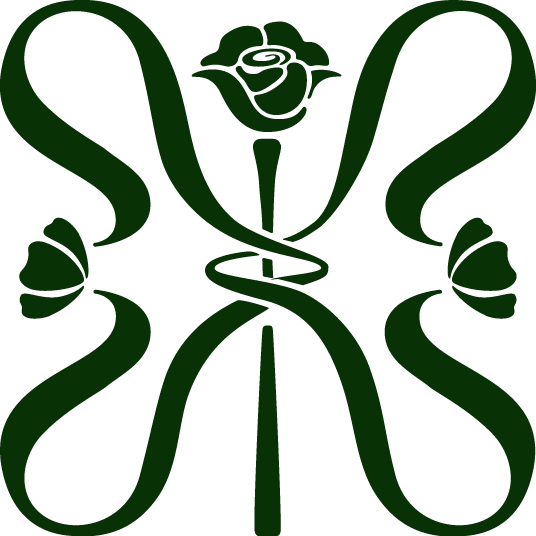 A stylized green emblem with a rose in the center and symmetrical curving lines extending outward.