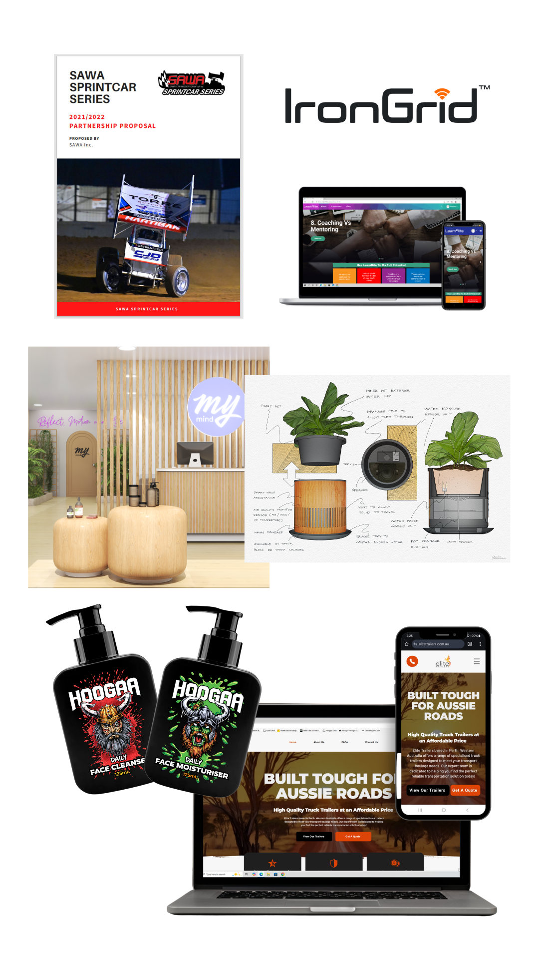 Collection of various images including a brochure for SAWA Sprintcar Series, IronGrid logo with devices displaying web pages, interior design setup with plants, a diagram of a plant grow box, bottles of Hoohaa face wash and moisturizer, and a website homepage for Aussie roads truck trailers.