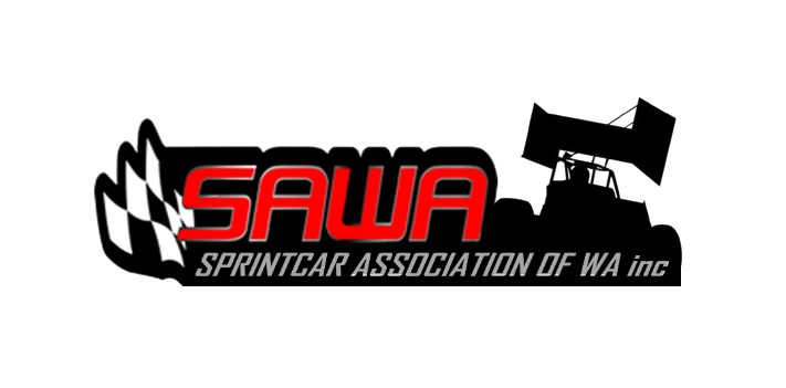 SAWA Sprintcar Association of Washington logo with checkered flag design on a black background.